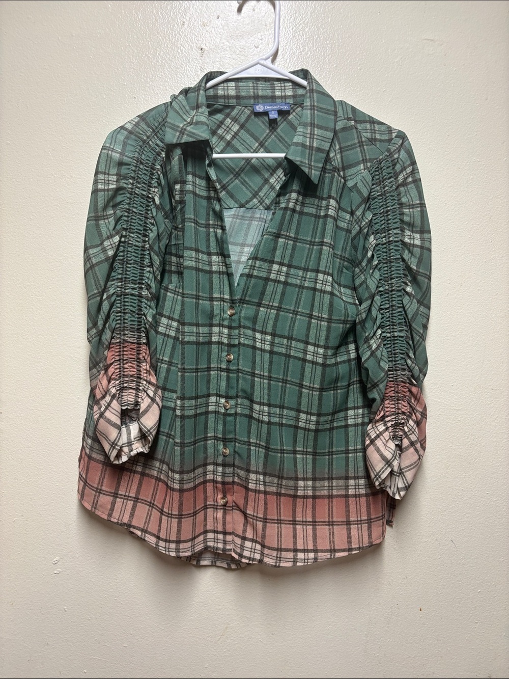 Democracy plaid button down shirt cinched sleeves sheer women's small